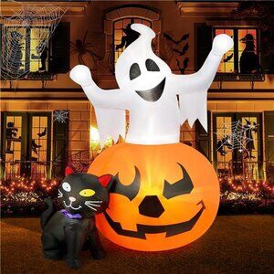 5 FT Halloween Inflatables Outdoor Spooky Pumpkin and Witch' s Black Cat Combo